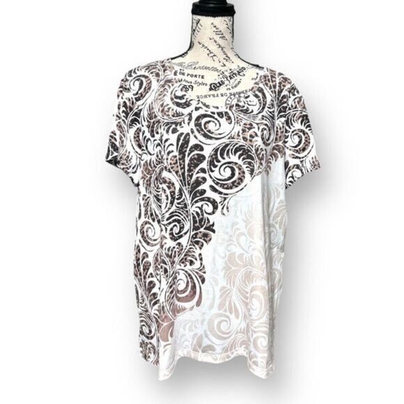 Chico's Zenergy 3 XL Brown White Scroll Top Beaded Stretch Knit Boho Blouse NWT - Picture 1 of 10